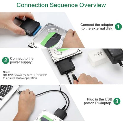 SATA to USB 3.0 Adapter for 3.5 2.5 SSD HDD Hard Drive Reader Data Transfer | External Hard Drive Converter for Data Transfer with 12V/2A Power Adapter Compatible with SATA I/II/III Drives