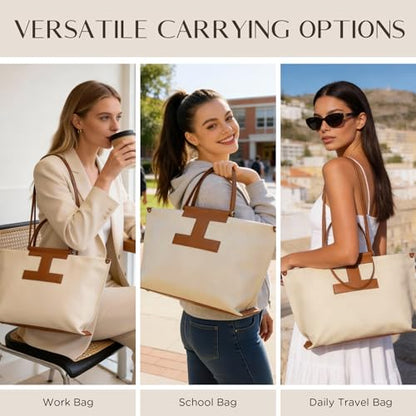 CHUNLI 15.6" Laptop Tote for Women - Lightweight Canvas-Textured Leather Work Bag, Structured Business Briefcase, Teacher - color: Beige & Brown