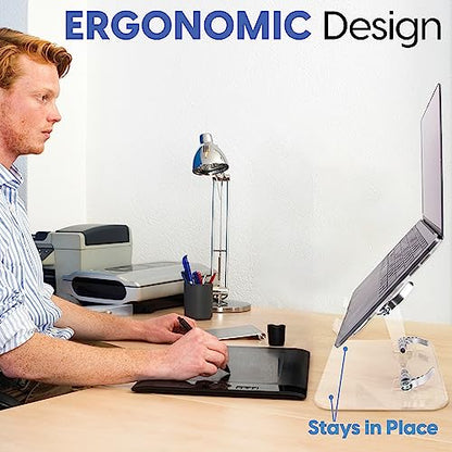DuraClear Acrylic Laptop Stand for Desk – Ergonomic Adjustable Acrylic Computer Stand - Clear Laptop Stand with Enhanced Airflow and Workspace Elevation