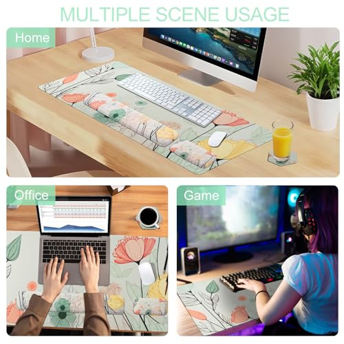 Petmolico 4-in-1 Wrist Rest Set with Desk Pad, Light Brown Big Flower | Non-slip PU base, soft Lycra & memory foam, ergonomic pain relief, great for home/office - color: Green