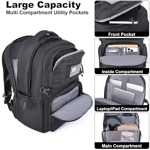 MOZETO 17 Inch Laptop Backpack, Large Tactical Inspired Travel Bag (Black) | USB Charger Port Computer Bag 18x14x8 Flight Approved Personal ltem Carry on Travel Backpack