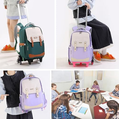 Purple Rolling Backpack for Girls Kids Roller Backpack with Wheels for Girls, Trolley School Bags for Primary Students, Kids Wheeled Bookbags on 6 Wheels, Purple - color: 6 Wheels Purple