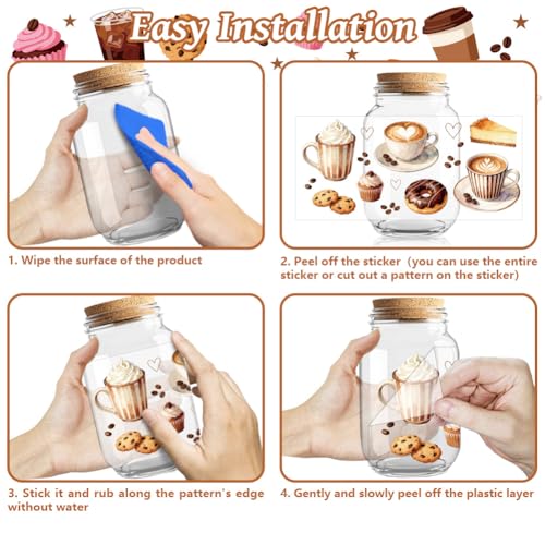 Peacoblue UV DTF Cup Wraps Transfer Stickers Coffee Drinks Pattern, 10 Sheets Waterproof Custom Vinyl Transfer Sticker 16oz Coffee Glass Cup Tumbler Bottle Mug Decals for Men Women - style: Coffee Drinks