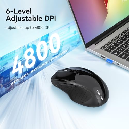 TECKNET Rechargeable Jiggler Wireless Mouse (BT5.0/3.0 & 2.4G) 4800 DPI Silent USB A & Bluetooth Mouse 6 Buttons, Wide Compatibility - Black - color: Black