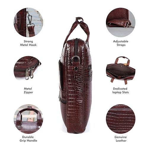 16" Crocodile Embossed Leather Laptop Briefcase, 5 Zipper Pockets, 2 Spacious Compartments, 16x12x4 inches. - color: Dark Brown