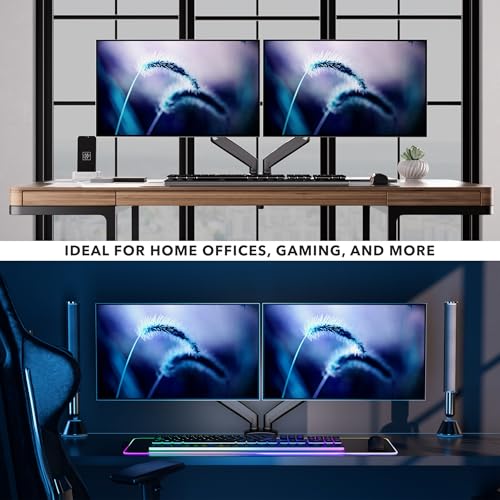 Mount-It! Dual Monitor Desk Mount, 13-32", 17.6 lbs Each | Two independent gas spring arms, full motion, VESA 75x75 & 100x100, C-clamp & grommet base.