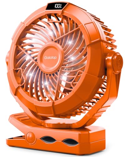 Gaiatop Portable Camping Fan with LED Lantern, 360°Rotation and Clip on for Desk, USB Rechargeable Battery Powered, Digital Display and Hanging Hook for Tent Outdoor Travel Bedroom Orange - color: Orange