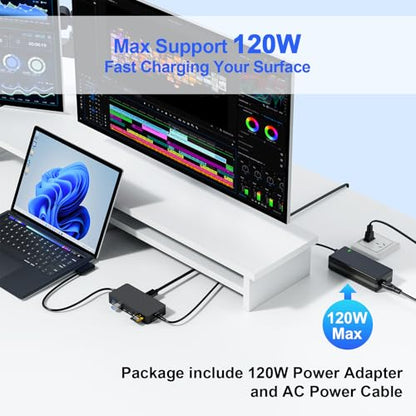 New Surface Docks Triple Displays 4K HDMI+DP+Thunderbolt 4, 12 in 1 Microsoft Surface Docking Station with 120W Power Adapter for Surface Pro 11/10/9/8, Surface Book Go,Surface Laptop