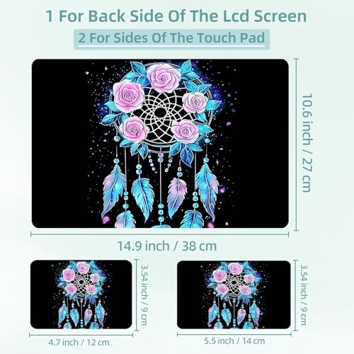 Universal Laptop Skin Decal, 3-Piece Vinyl Protector for 12 13 14 15.6" Notebook, Waterproof Anti-Scratch, Easy Trim & Bubble-Free Finish, Dreamcatcher with Pink Roses - color: Dreamcatcher with Pink Roses