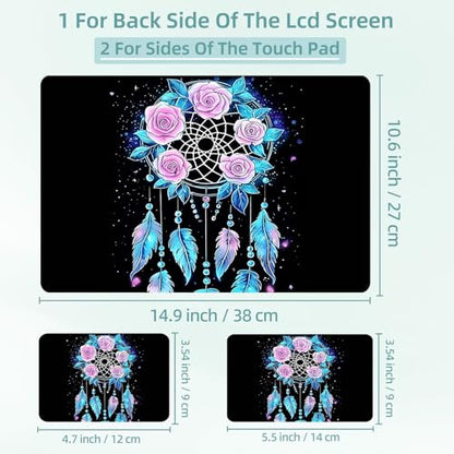 Universal Laptop Skin Decal, 3-Piece Vinyl Protector for 12 13 14 15.6" Notebook, Waterproof Anti-Scratch, Easy Trim & Bubble-Free Finish, Dreamcatcher with Pink Roses - color: Dreamcatcher with Pink Roses