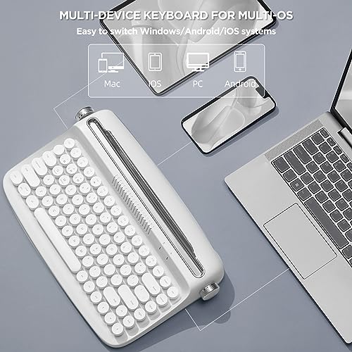 YUNZII ACTTO B303 Wireless Keyboard, Retro Bluetooth Aesthetic Typewriter Style Keyboard with Integrated Stand for Multi-Device (Snow White, B303) - style: Snow White
