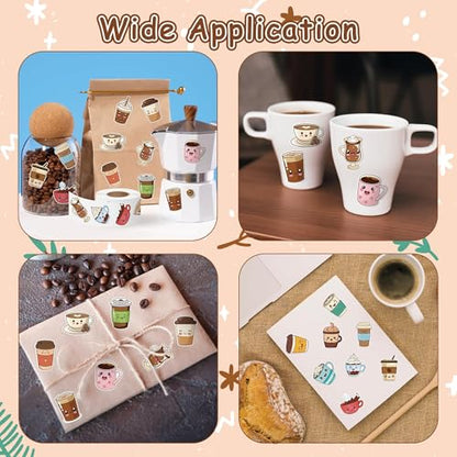 Haooryx Cute Coffee Sticker Rolls - 1000Pcs Bubble Milk Tea Coffee Latte Cup Sticker 2 Rolls Self Adhesive Waterproof Vinyl Water Bottle Laptop Junk Journal Birthday Party Favor Easter Basket Stuffers - style: Cute Coffee