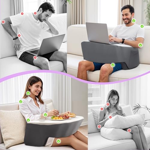 Ergonomic Lap Desk Pillow with Cooling Memory Foam – Gaming Cushion for Bed, Laptop Support, and Reading Pillow with Armrest for Comfort at Home, Office, or Travel (Grey)