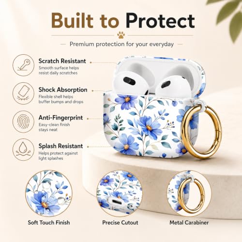 Compatible with AirPod 4 Case 2024, Cute Hard Plastic Protective Cover for Airpod 4th Generation Women, Shockproof Shell Skin with Gold Ring Keychain,Blue Flowers Green Leaf - color: Blue Flowers Green Leaf