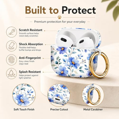 Compatible with AirPod 4 Case 2024, Cute Hard Plastic Protective Cover for Airpod 4th Generation Women, Shockproof Shell Skin with Gold Ring Keychain,Blue Flowers Green Leaf - color: Blue Flowers Green Leaf