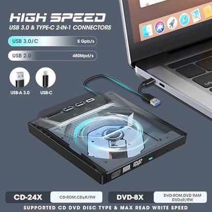 ROOFULL External CD DVD Drive with USB 3.0/Type-C Hub, SD Reader & Case | 7 in 1 Portable CD/DVD ROM +/-RW Drive Burner Player Writer for Laptop Desktop PC Windows 11/10/7, Mac, Linux - style: 7 In 1 Drive + Carrying Case
