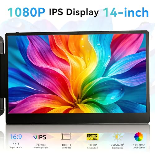 Laptop Screen Extender, 14” Portable Monitor for Laptop, 1080P FHD Dual Monitor for 13"-17" Laptops, Second Extended Computer Monitor for Travel Work, Compatible with Windows Mac Android Switch PS