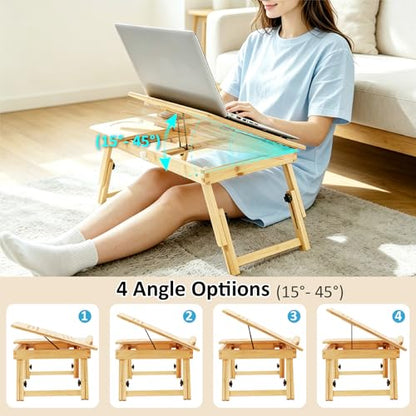 Laptop Desk for Bed, Foldable Bed Tray, Adjustable Angle & Height | Bamboo Laptop Stand with Cup Holder and Drawer, Portable Lap Desk for Couch Sofa Floor, Ideal for Breakfast, Writing, Drawing