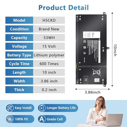 53Wh H5CKD 15V Battery Compatible with Dell 5400 7300 7506 2-in-1 5406 7405 7306 7500 Silver 5300 5408 5409 5301 5401 5402 5501 5502 5508 5509 Latitude 3410 3510 Vostro 5300 5301 7T8CD - size: H5CKD for Dell