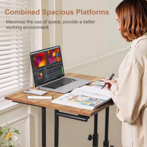 VECELO Mobile Small Standing Desk Adjustable Height, Computer Workstations with Tiltable Tabletop, Lockable Wheels, Portable Rolling Laptop Desk for Home Office, Brown - color: Brown
