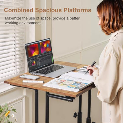 VECELO Mobile Small Standing Desk Adjustable Height, Computer Workstations with Tiltable Tabletop, Lockable Wheels, Portable Rolling Laptop Desk for Home Office, Brown - color: Brown