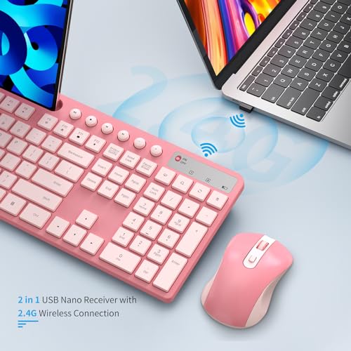 Wireless Keyboard and Mouse Combo, MARVO 2.4G Ergonomic Wireless Computer Keyboard with Phone Tablet Holder, Silent Mouse with 6 Button, Compatible with MacBook, Windows (Sakura Pink) - color: Sakura Pink