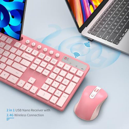 Wireless Keyboard and Mouse Combo, MARVO 2.4G Ergonomic Wireless Computer Keyboard with Phone Tablet Holder, Silent Mouse with 6 Button, Compatible with MacBook, Windows (Sakura Pink) - color: Sakura Pink