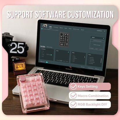 KiiBoom Phantom 21 Hot Swappable Crystal Acrylic Numpad, BT5.0/2.4GHz/USB-C Triple Mode NKRO Programmable Numeric Keypad with Knob, South-Facing RGB, 1900mAh Battery for Win/Mac (Pink)