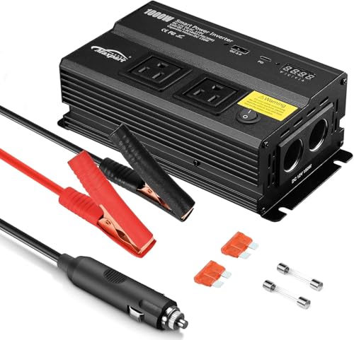 1000W Power Inverter for Car, 12V DC to 110V AC Converter with 3.0A USB Type-C Outlets, 12 Volt Car Cigarette Lighter Battery Inverter for Vehicles - color: Black, size: 1000W