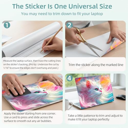 Universal Laptop Skin Decal, 3-Piece Vinyl Protector for 12 13 14 15.6" Notebook, Waterproof Anti-Scratch, Easy Trim & Bubble-Free Finish, Cat with Pink and Blue Fur - color: Cat with Pink and Blue Fur