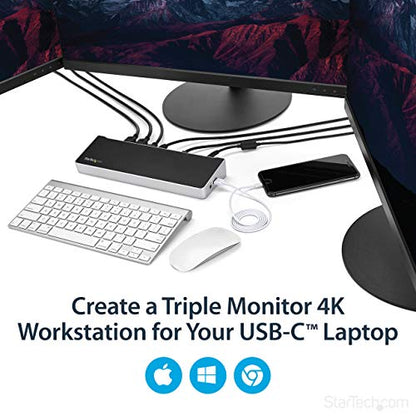 StarTech USB-C Triple 4K DisplayLink Dock, HDMI DP, Mac & Win, 100W, TAA | Universal, 5Gbps hub, Gigabit Ethernet, audio, K-slot, for Windows, macOS, Ubuntu and ChromeOS, 3.3ft (1m) host cable - size: 1.3" x 3.2" x 10.6" x 10.6", style: 100W Power Deliver