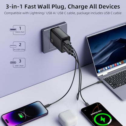 60W USB C Charger for Galaxy S26 Ultra S26+ S25 S24 Foldable Charger Black | for Super Ultra Fast Charging 3-Port for Google Pixel 10a/iPad for iPhone 17 16 15 Pro 6FT USB C Cable Included