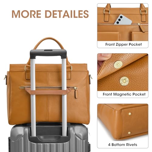 Kattee Leather Briefcase for Women, 15 Inches Laptop Bag, Work Tote with Luggage/Shoulder Strap - color: Brown