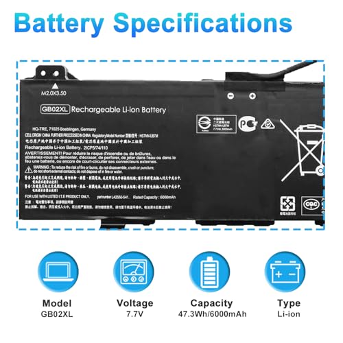 47.3Wh GB02XL L42583-005 Laptop Battery Replacement for HP Chromebook 14-DB 14-DB0051CL 14 G5 Chromebook X360 11 G1 G2 EE 11A G6 G8 EE 11 G7 G8 EE Series HSTNN-DB7X L42583-002 7.7V 6000mAh - size: 9.84*3.74*0.39inch GB02XL