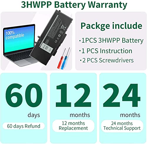 68Wh 3HWPP Replacement Battery for Dell Latitude 5410 5510 5501 5401 5411 | 5511 Precision 3541 3551,Inspiron 7706 2-in-1, Inspiron 17 7500 7506 2-in-1 Black 03HWPP 10X1J N2NLL 1VY7F 451-BCMN 15.2V - size: 9.38*4.13*0.25inch 3HWPP