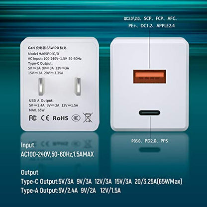 GaN Tech 65W Dual Port PD Wall Charger with 5ft USB C Cable for MacBook, Laptops, iPad Pro, iPhone 12, Galaxy, Pixel and More (White) - color: White