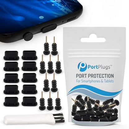 PortPlugs USB-C Anti Dust Plugs 10 Pairs & USB-A Port Blockers 10-Pack – Charger & Headphone Port Protectors with Cleaning Brush Compatible for iPhone, Samsung, PC, Laptop