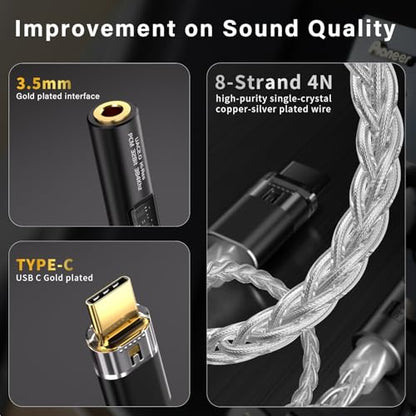 USB C to 3.5mm Audio Adapter with Dual Chip CX31993 MAX97220 DAC & HiFi Amplifier, 8-Strand 4N Single Crystal Silver-Plated Copper Cable,USBC to Headphones Aux Dongle for Android iPhone PC Mac (Black) - color: Black