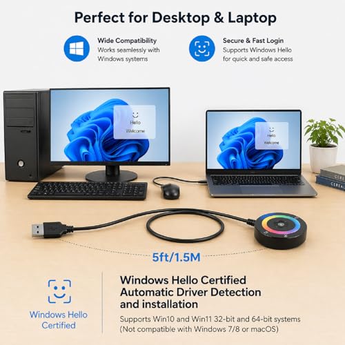 USB Fingerprint Reader for Windows Hello | PC Power Button, RGB Lighting, One-Click Lock, Auto Driver Install, 5ft Extension Cable