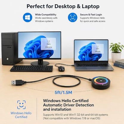 USB Fingerprint Reader for Windows Hello | PC Power Button, RGB Lighting, One-Click Lock, Auto Driver Install, 5ft Extension Cable