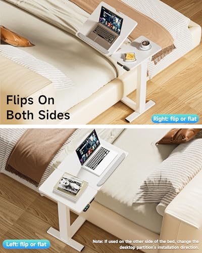 BIZUM Small Electric Standing Desk, Overbed Table Wireless Tilt Top with Hidden Wheels, 27.6×15.8 Inch Adjustable Rolling Laptop Desk, USB-C Rechargeable Battery, White - color: White