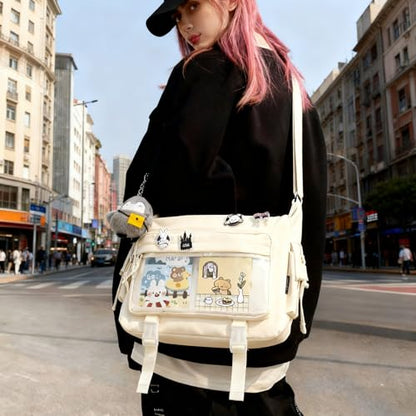 Kawaii Crossbody Ita Bag for Women with Pin and Plush Penguin, Cute Messenger Bag Japanese Crossbody Bag Y2K Purse - color: Beige, size: Large-Fit Laptop