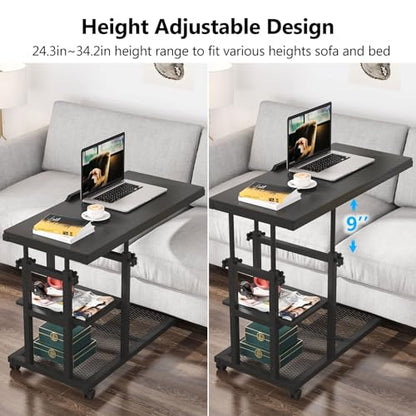 Tribesigns Height Adjustable C Table with Wheels, Mobile Couch Snack Side Table with Tiltable Drawing Board, Sofa Bedside Laptop Stand C Shaped TV Tray with Storage Shelves (Black) - color: Black