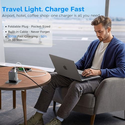 100W GaN USB C Retractable Charger with Smart Display, Compact 3-Port Fast Charging Wall Adapter with Foldable Plug, for MacBook Pro/Air, iPhone 17/16, Galaxy S26, iPad