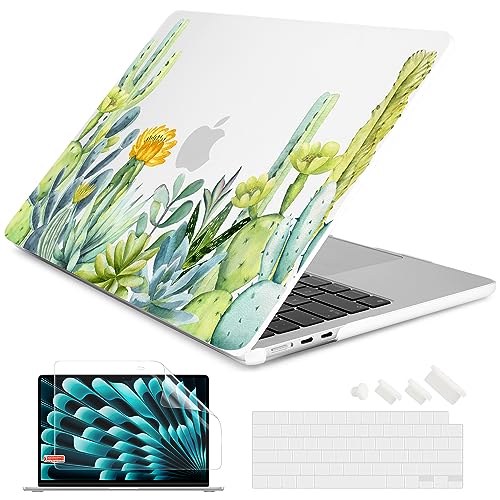 Batianda Case for MacBook Air 15" with M5 M4 M3 M2 Chip, Green Cactus | 4-in-1 Set with Watercolor Cactus Design, Lightweight Slim Hard Shell Protection For Students, Travelers and Nature Lovers - color: Cactus