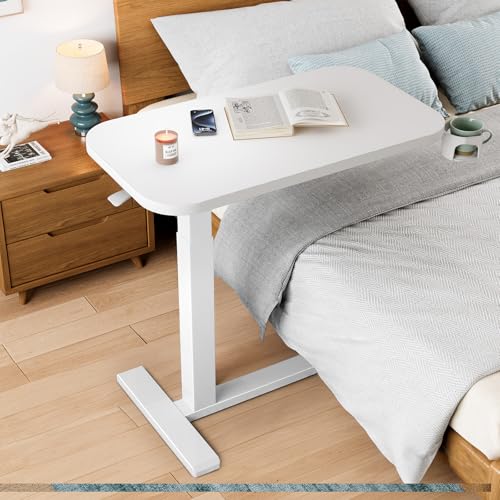 HUANUO 32Inch Bedside Table with Wheels, Height-Adjustable Rolling Computer Cart, Overbed Table with Cup Holder, Pneumatic Laptop Standing Desk for Home Office, White - color: White, size: Large-32 Inch