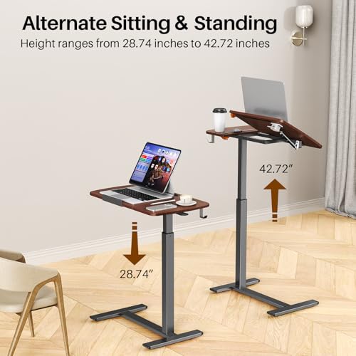 Overbed Table with Wheels, Pneumatic Height and Tilting Desktop | Top Tilts 0-60° with Anti-Slip Stops, Hook, Capacity 66 lbs, 1.18 in Low-Profile Base Slides Easily Under Beds and Sofa - color: Brown