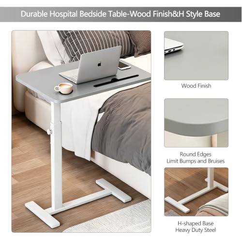 BeGyoku Overbed Table,Over The Bed Table with Hidden Wheels&Cup Holder,Adjustable Bedside Table and Rolling Table Tray&Laptop Cart,Hospital Table Over Bed for Home Use(Gray) - color: Grey