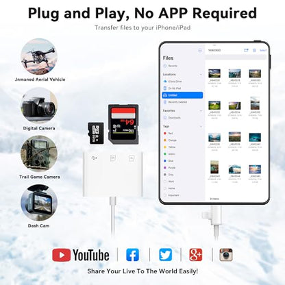 SD Card Reader for iPhone iPad, Micro SD Card Reader Memory Card Reader with USB Adapter Plug and Play Trail Game Camera Card Viewer Supports SD and TF Card No App Required - color: Paper white