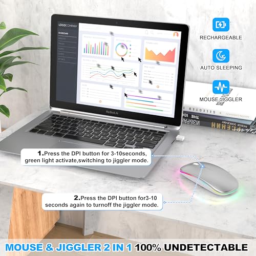 LED Bluetooth Wireless Mouse for MacBook Air Mac Pro Laptop iPad–Silver | Rechargeable Silent Light-Up Optical Mouse with Jiggler Dual Mode BT5.2 & USB-A/USB-C for Students Kids Girls Boys